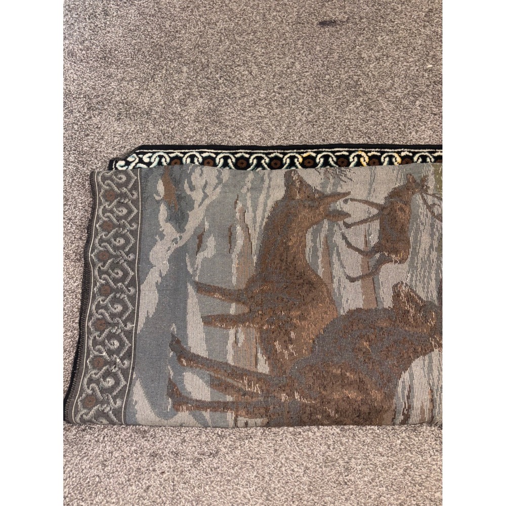 Vtg Velvet Deer Forest Winter Scene Wall Tapestry Hanging XL 75x50 Rustic Cabin - Picture 6 of 9